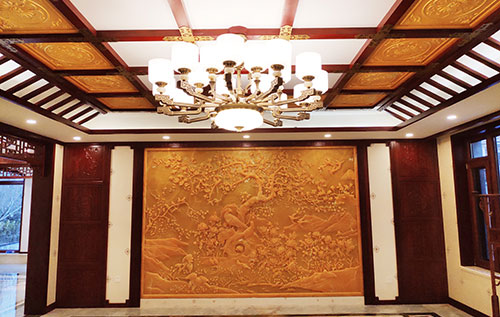 天柱中式别墅客厅中式木作横梁吊顶装饰展示